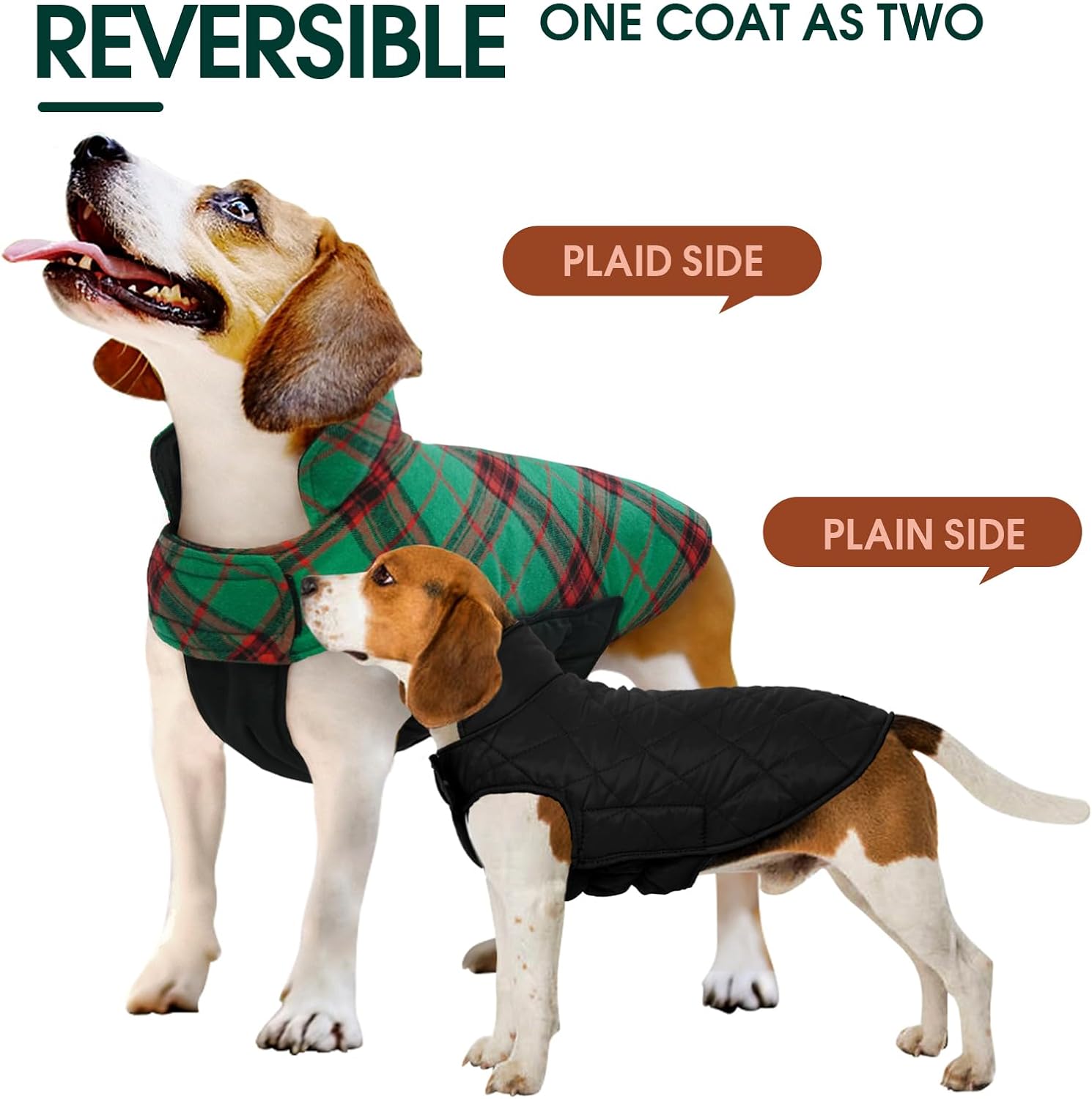 Cold weather pet coat: reversible, waterproof, British style winter jacket for dogs.