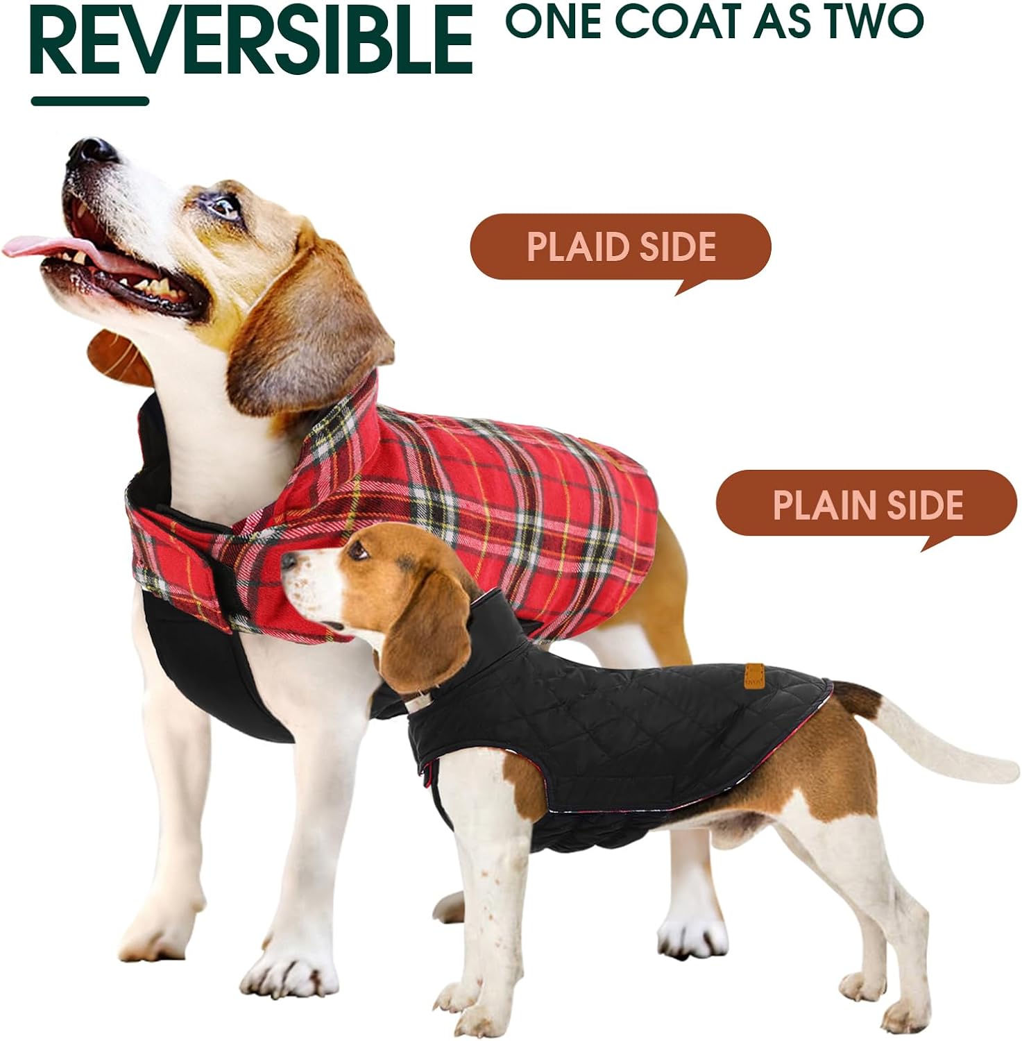 Elegant British style dog jacket. Reversible & waterproof for winter pet fashion and warmth.