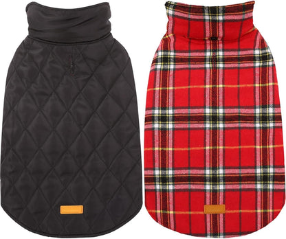 Cozy waterproof British style winter dog jacket. Reversible design for cold weather dog apparel.