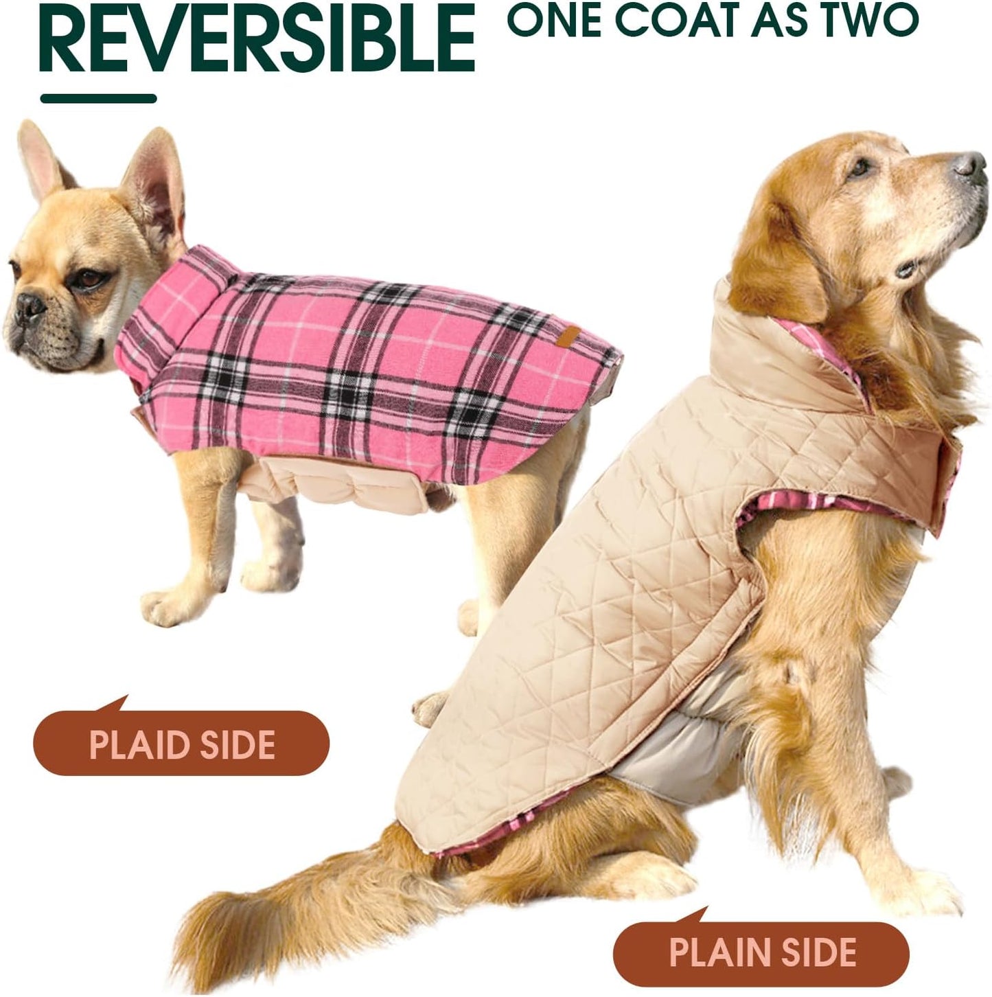 Comfortable British style reversible dog winter jacket. Waterproof for cold weather protection.
