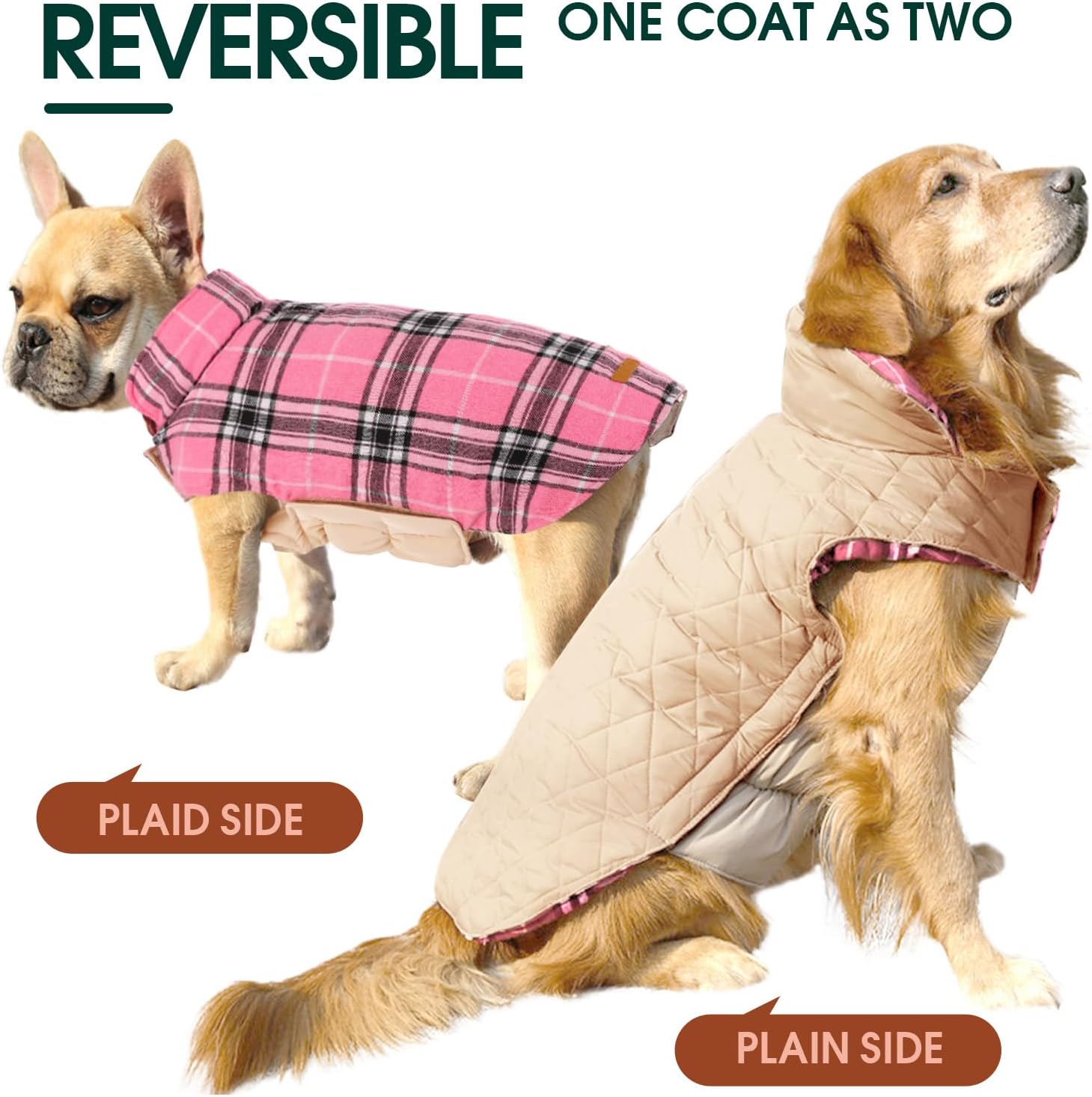 Comfortable British style reversible dog winter jacket. Waterproof for cold weather protection.