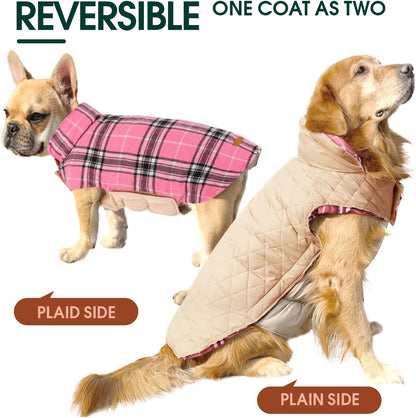 Comfortable British style reversible dog winter jacket. Waterproof for cold weather protection.