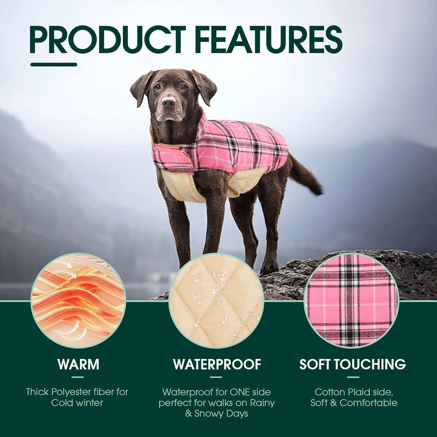 Ultimate warmth: reversible waterproof dog winter jacket. British style pet coat for snowy days.