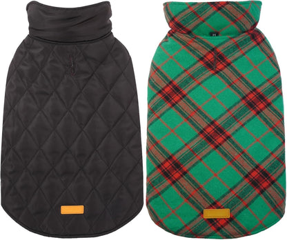 Adjustable British style dog winter jacket. Reversible waterproof pet coat for cold weather.