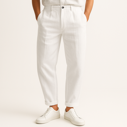 Elegant cream Riviera men's straight-cut pants. Lightweight and tailored for comfortable, stylish warm weather wear.