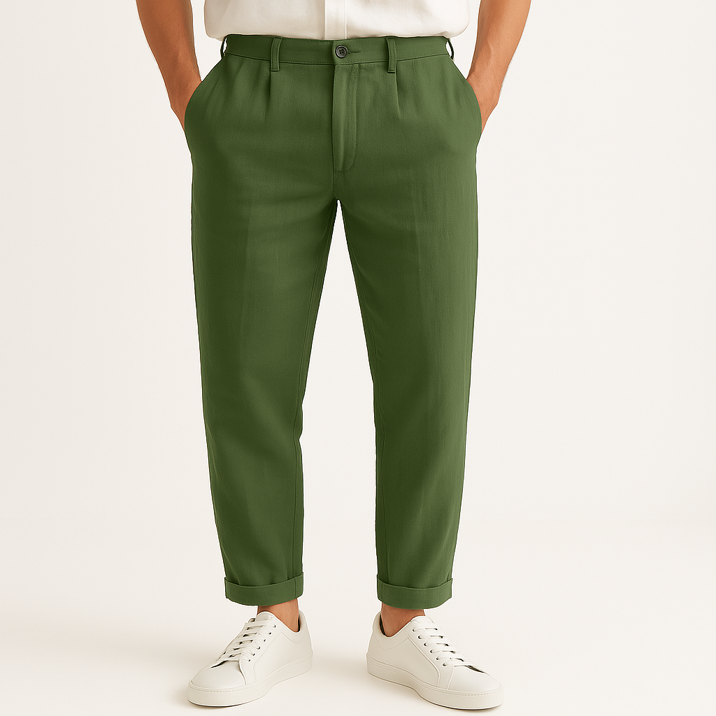Green Riviera men's lightweight straight-cut pants. Versatile for casual or everyday summer comfort and style.