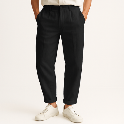 Comfortable Riviera men's straight-cut pants. Lightweight black fabric perfect for warm weather and relaxed summer style.