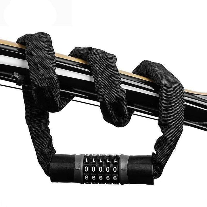 Robust anti-theft bike chain lock with thick links for cycling security, outdoor gear.