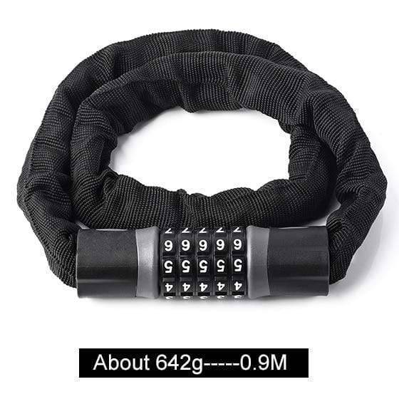 Outdoor gear: strong anti-theft chain lock protecting a mountain bike.