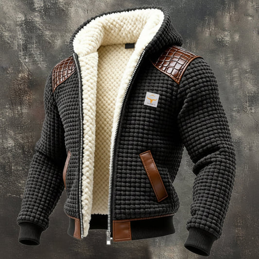 Robust textured men's jacket in charcoal gray, perfect for cozy comfort & cold weather casual wear.