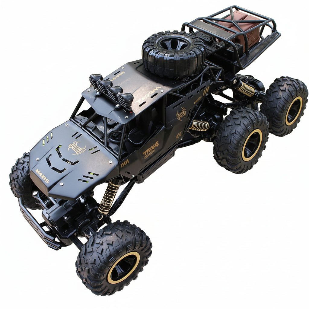Powerful ROCKSTRIKER 6x6 all-terrain RC truck conquering off-road obstacles, perfect for outdoor adventure.