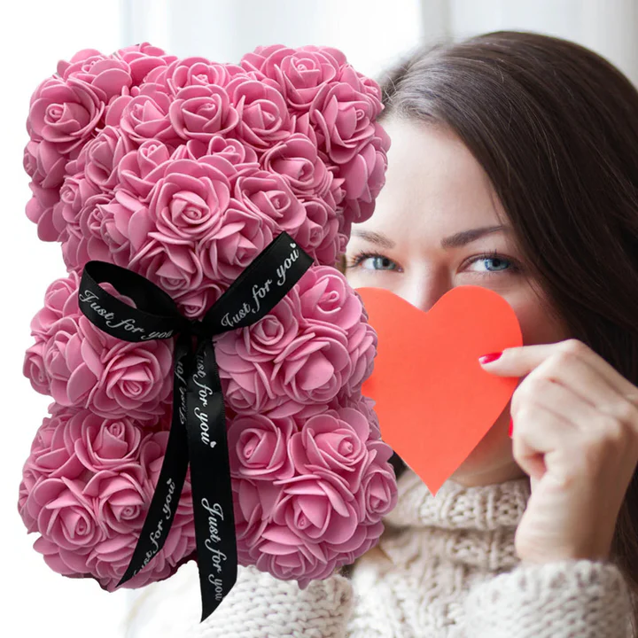 Romantic rose teddy bear gift for women. Perfect everlasting floral plush for Valentine's Day or anniversary.