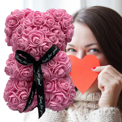 Romantic rose teddy bear gift for women. Perfect everlasting floral plush for Valentine's Day or anniversary.
