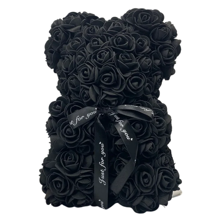 Handcrafted rose teddy bear with red floral plush. Elegant home decor and a romantic gift for women.
