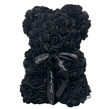 Handcrafted rose teddy bear with red floral plush. Elegant home decor and a romantic gift for women.