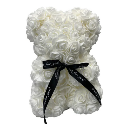 Women's romantic rose teddy bear, an everlasting floral plush gift. Perfect for anniversaries or special moments.