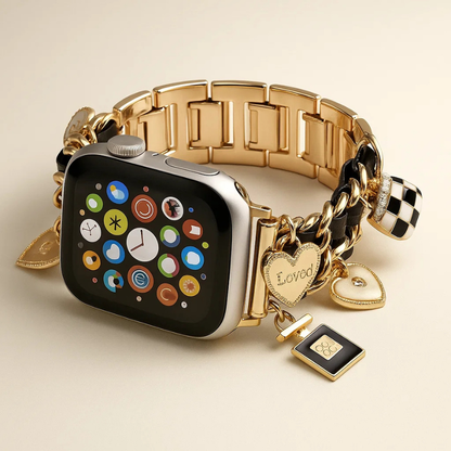 Rose gold charm bracelet Apple Watch band for women, elegant fashion accessory with customizable charms.