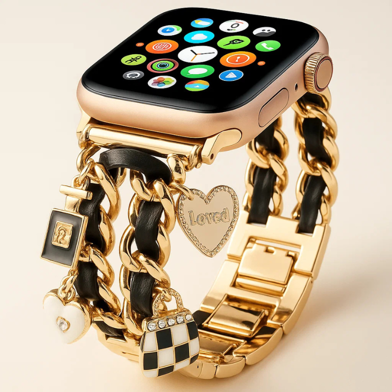 Luxury women's Apple Watch band, rose gold charm bracelet with evil eye, stylish and customizable.