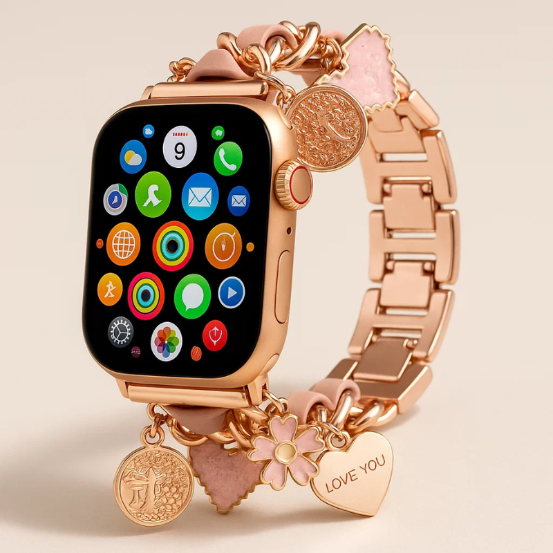 Elegant women's charm bracelet style Apple Watch band, transforming smartwatch into a chic fashion statement.