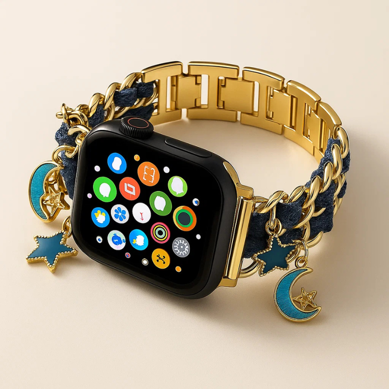 Rose gold charm bracelet watch band, a fashionable and customizable Apple Watch accessory for women.