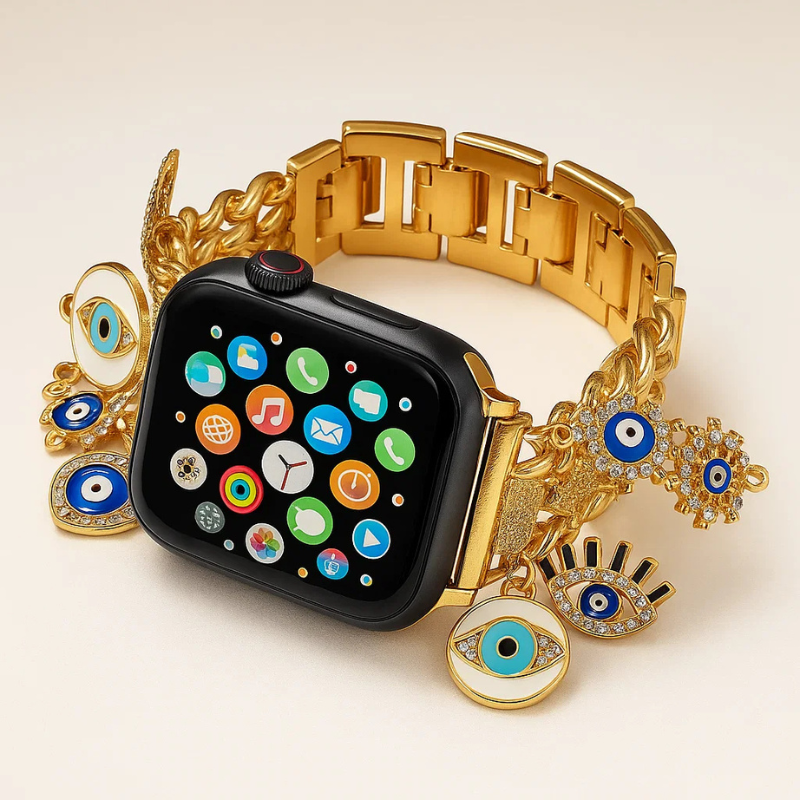 Women's rose gold charm bracelet Apple Watch band, luxury smartwatch accessory with evil eye design.
