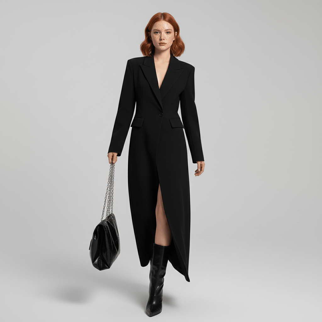 Elegant ruby women's long fitted coat. Perfect tailored outerwear for evening & city wear.
