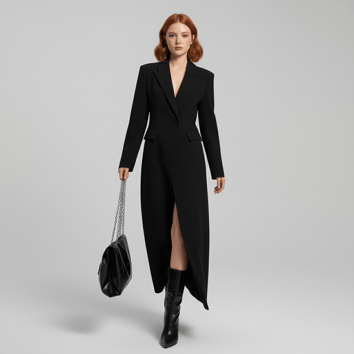 Elegant ruby women's long fitted coat. Perfect tailored outerwear for evening & city wear.