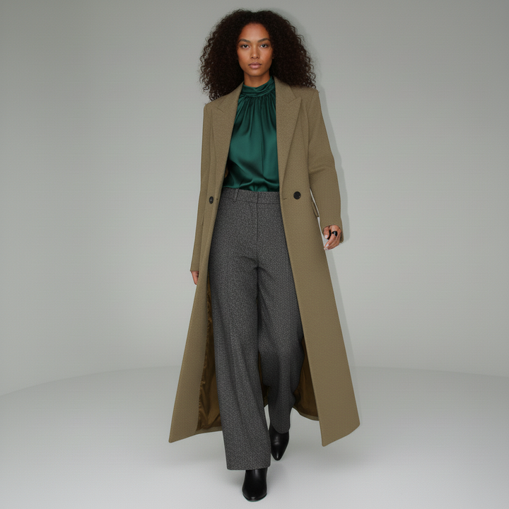Ruby long fitted tailored coat for women. Elegant, structured city & evening outerwear.