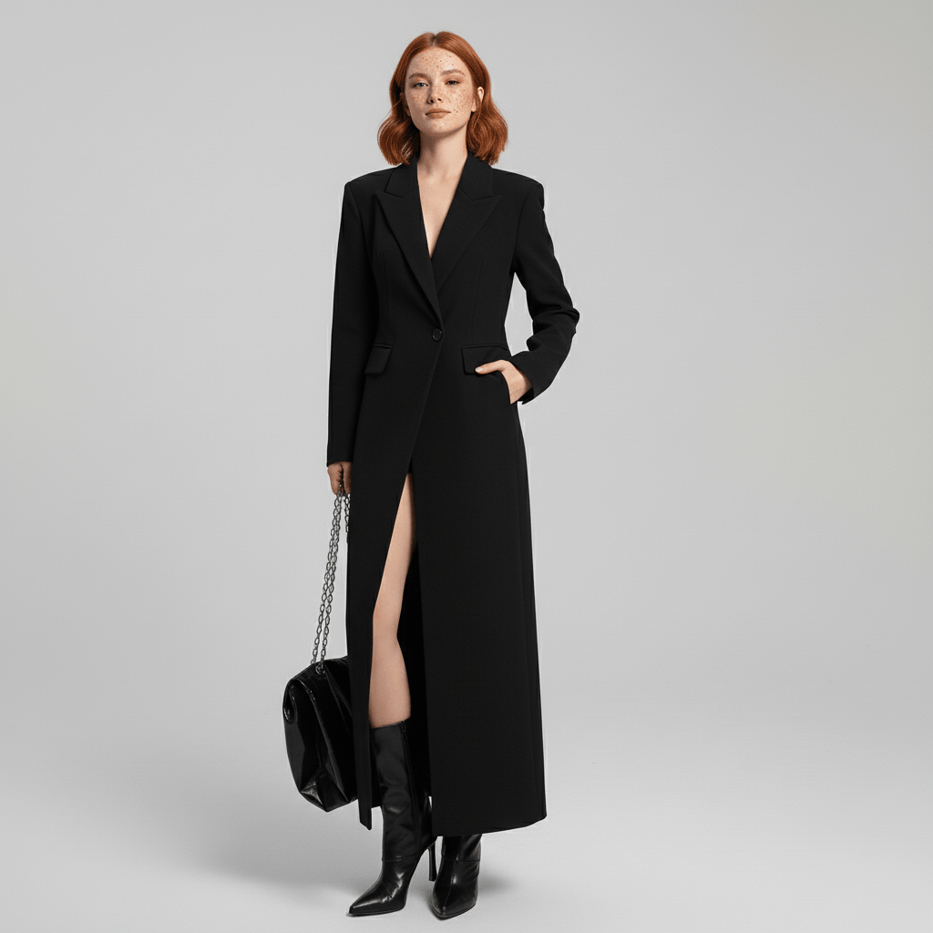 Women's ruby red longline tailored coat, sophisticated fitted outerwear. Fashionable & chic.