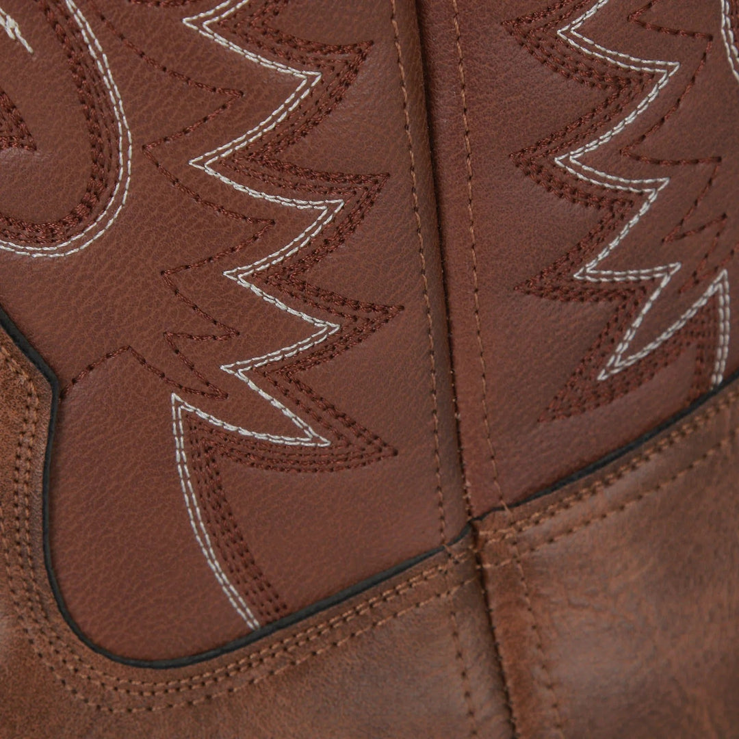 Durable black men's western square toe boots, mid-calf slip-on design, perfect for rugged or casual styling.