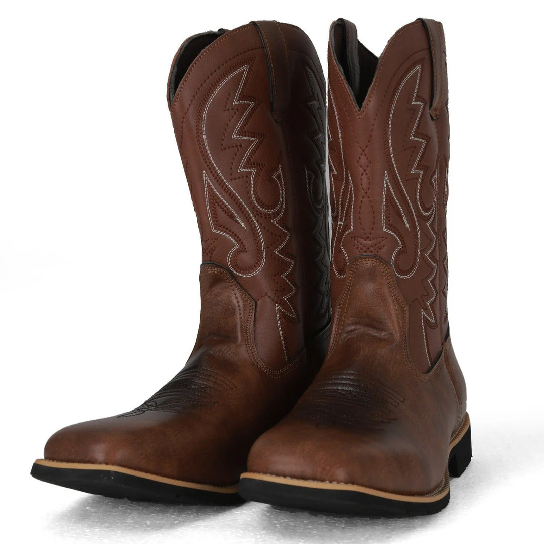 Stylish brown men's mid-calf western boots, featuring a classic square toe and comfortable slip-on fit.