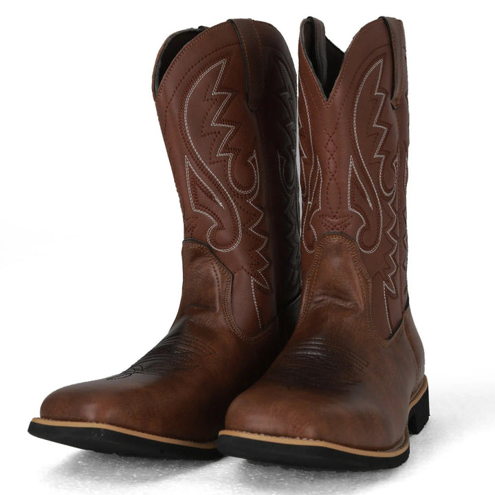 Stylish brown men's mid-calf western boots, featuring a classic square toe and comfortable slip-on fit.