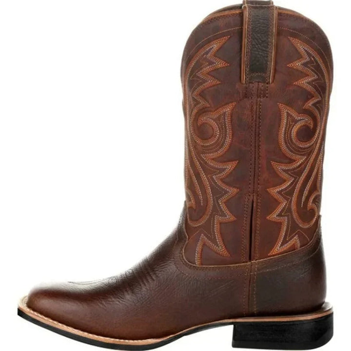 Casual black men's square toe cowboy boots, rugged mid-calf western style, easy slip-on for everyday wear.
