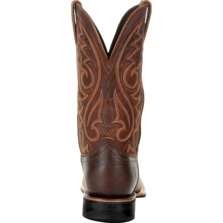 Rugged brown men's square toe mid-calf boots, perfect for western style or casual wear, durable & comfortable.