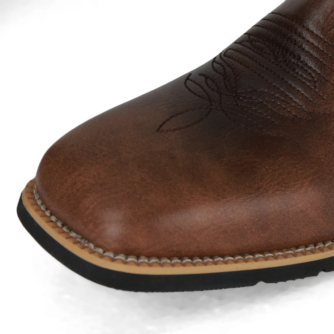 Stylish brown men's cowboy boots with a square toe, mid-calf western design, comfortable and durable for men.