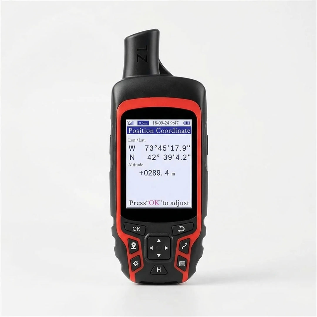 Outdoor adventurer using a rugged multi-GNSS handheld GPS navigator to track routes for hiking, hunting, and camping.