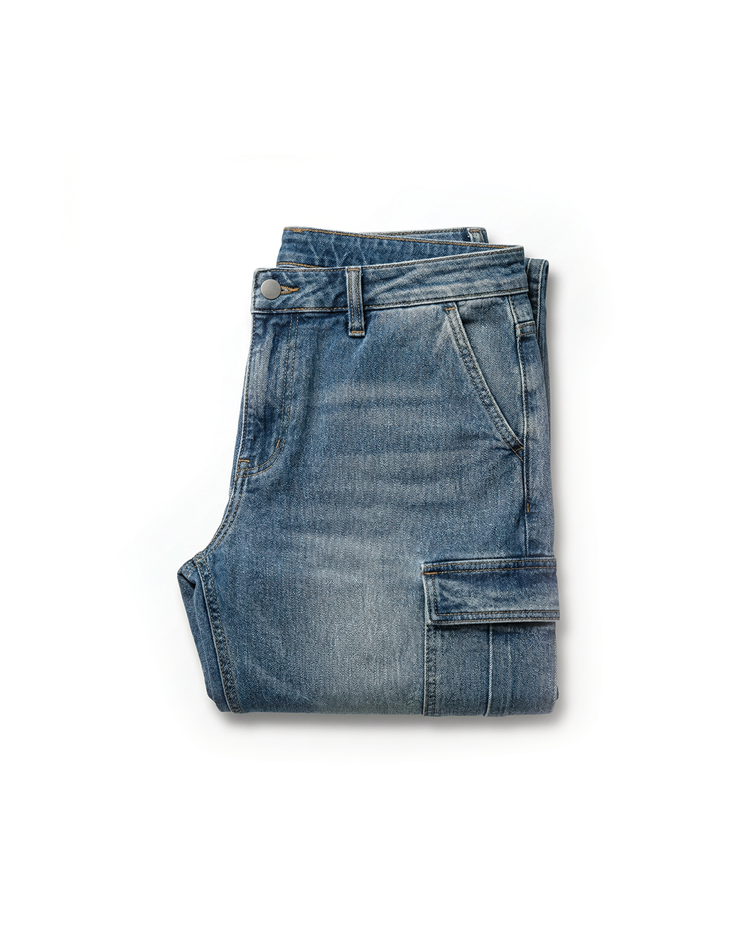 Rugged men's denim cargo jeans with multiple utility pockets for durable workwear & casual style.