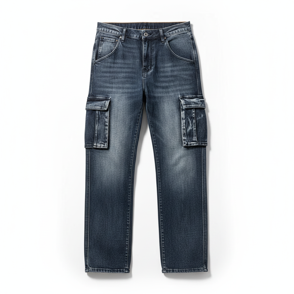 Men's rugged denim cargo pants, ideal for casual outings, featuring multiple functional utility pockets.