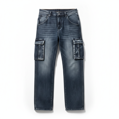 Men's rugged denim cargo pants, ideal for casual outings, featuring multiple functional utility pockets.