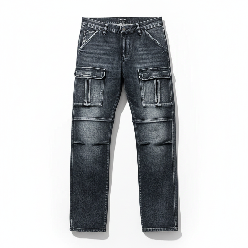 Versatile men's rugged denim jeans with utility cargo pockets, blending workwear durability & casual fashion.