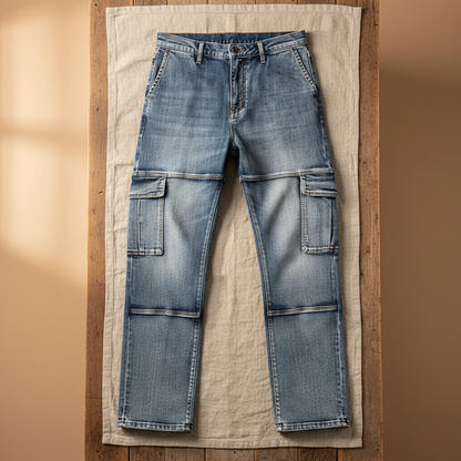 Men's durable denim cargo pants, perfect for workwear or casual field pants, featuring utility pockets.
