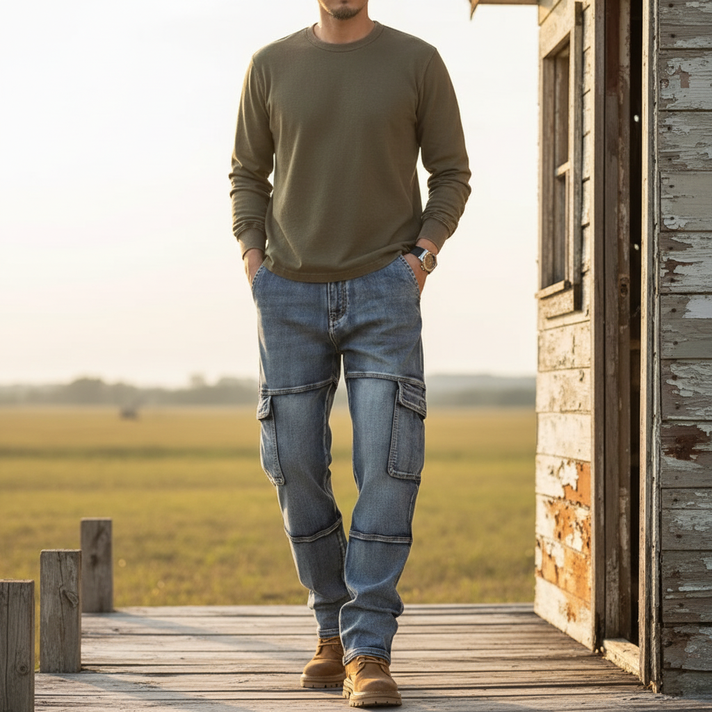 Stylish men's rugged denim jeans, ideal for casual wear or work, with practical utility cargo pockets.