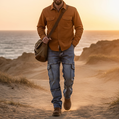 Classic blue men's rugged cargo denim jeans, featuring spacious utility pockets for everyday essentials.