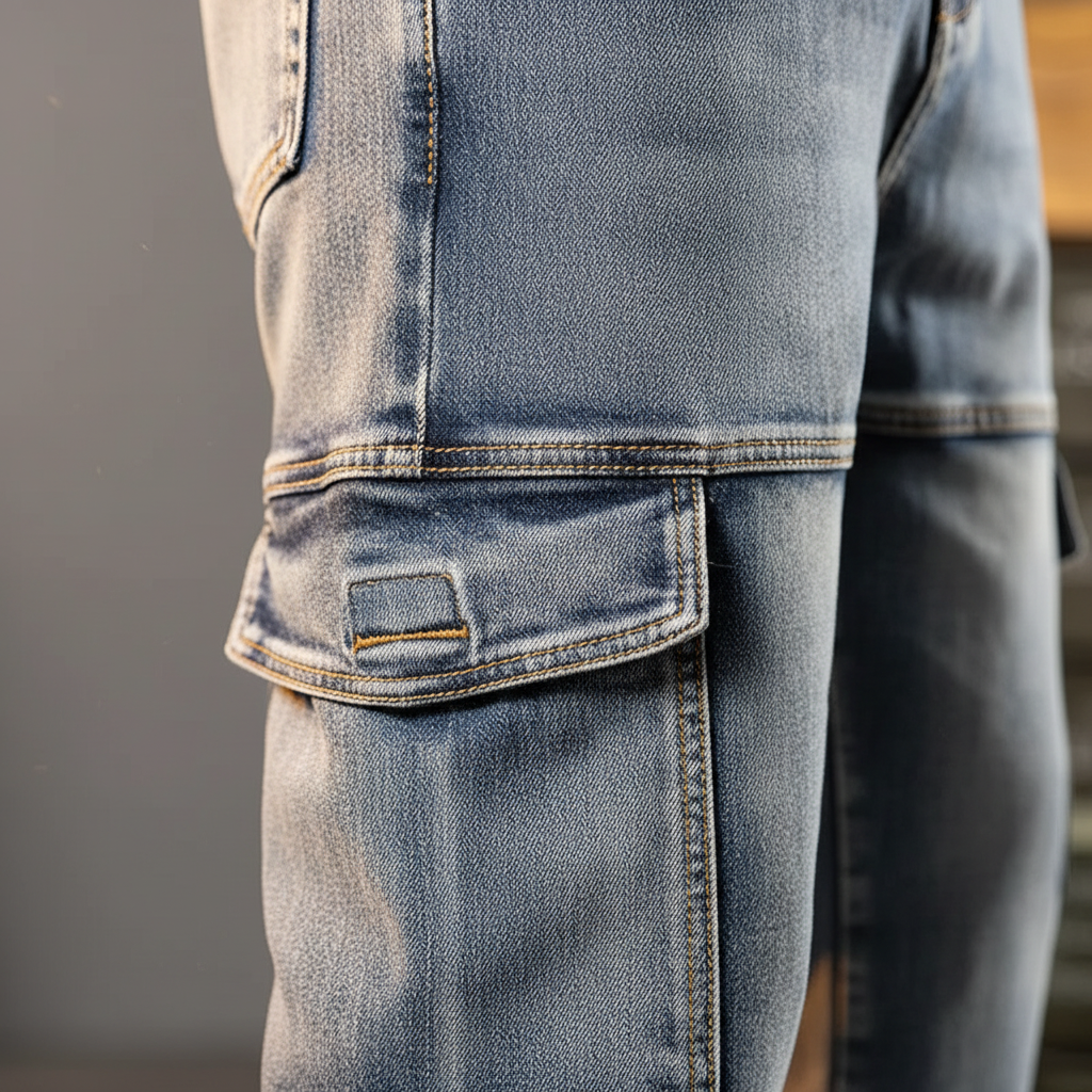 Durable men's denim field pants with utility cargo pockets, offering comfort and rugged style.