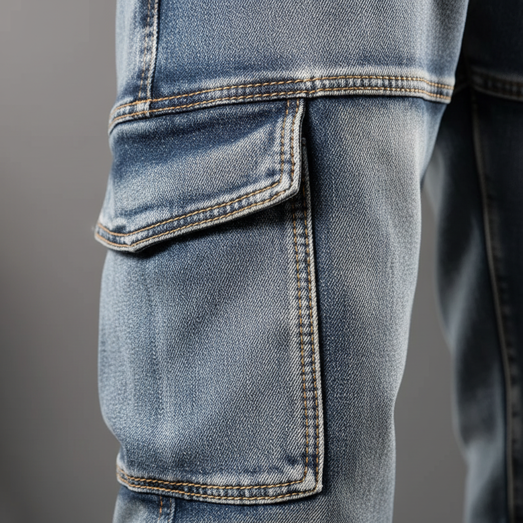 Men's casual rugged denim jeans, designed with utility pockets for a functional and fashionable look.