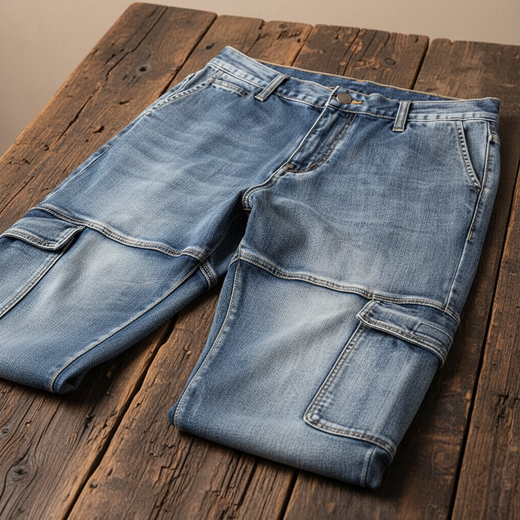 Workwear-inspired men's denim cargo pants, built for durability with practical utility pocket details.