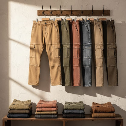 Fashionable men's rugged denim jeans, combining cargo style with utility pockets for versatile wear.