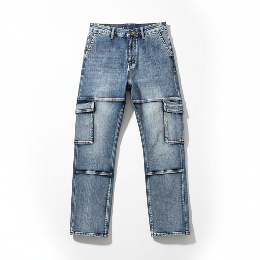 Heavy-duty men's denim cargo jeans, perfect as workwear or durable field pants with utility pockets.