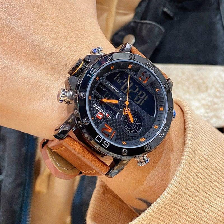 Rugged men's dual display sport watch with black dial & brown leather band, luminous hands & digital chronometer