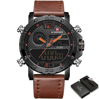 Stylish men's chronograph watch with dual display, featuring a durable black case and brown leather strap